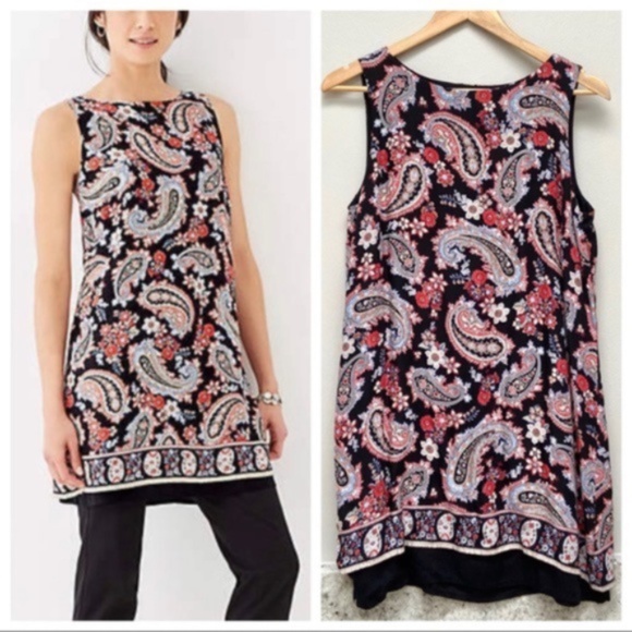 J. Jill Red Black Paisley Double Layer Tunic Top - Picture 1 of 8